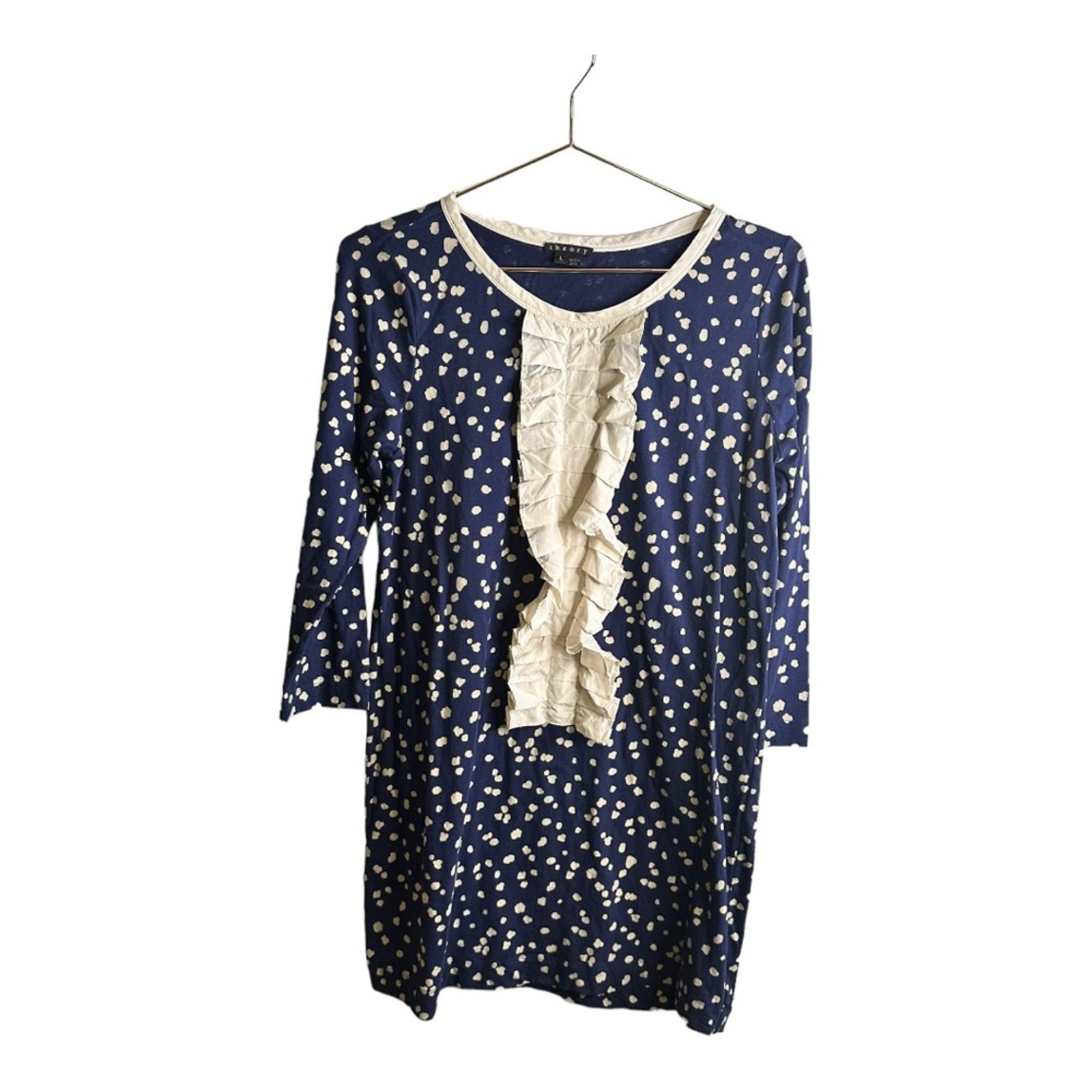 Theory Laverna Dress Navy Blue Off White Polka Dot Long Sleeve Size Large